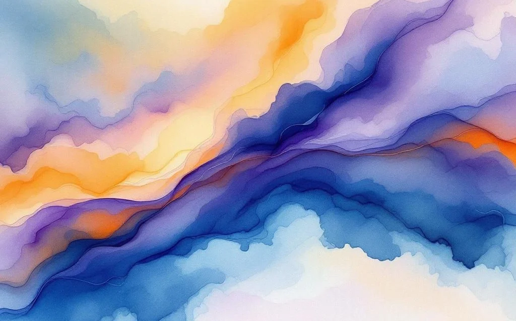 Abstract watercolor painting with flowing blue and purple washes blending into warm orange and yellow tones across canvas.