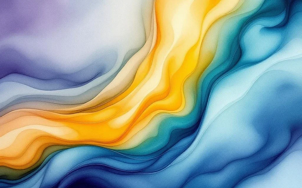 Abstract watercolor painting with flowing blue and teal colors blending into warm amber and golden yellows with purple undertones.