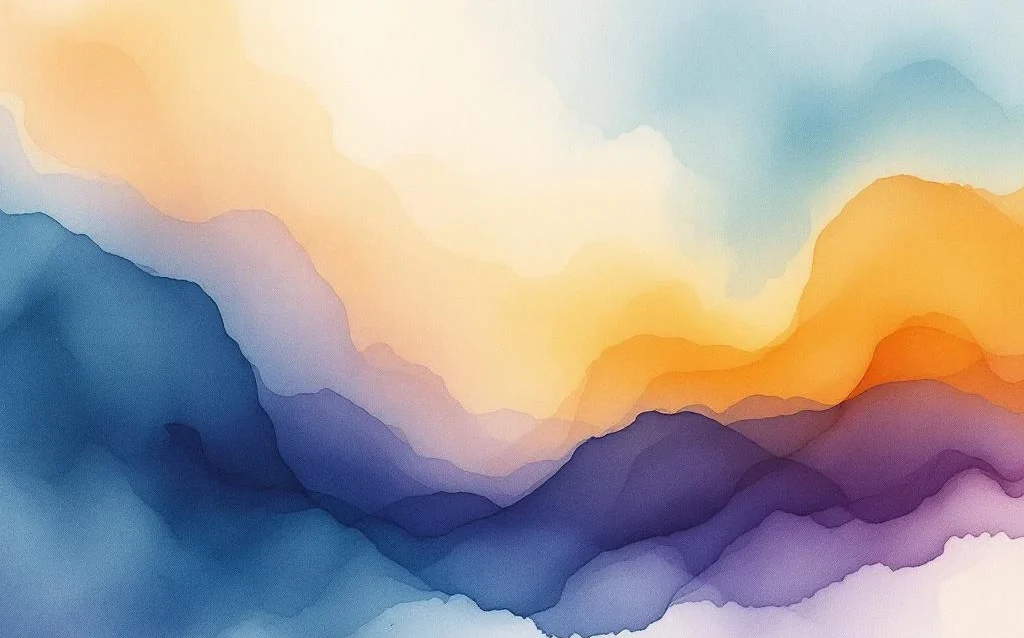 Abstract watercolor painting with flowing blue and teal gradients transitioning to warm amber and golden yellow tones.