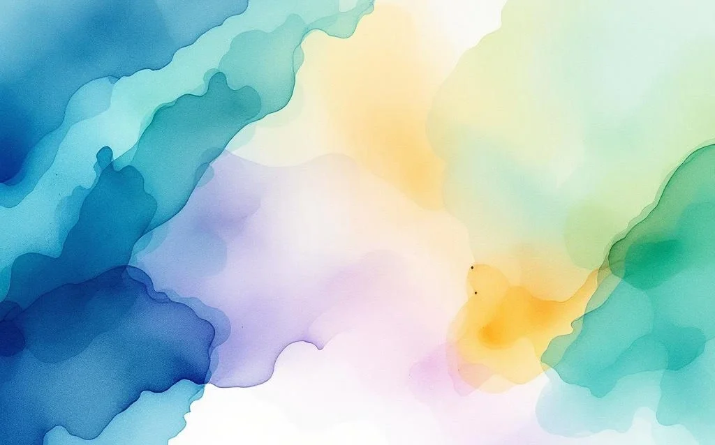 Abstract watercolor painting with flowing blues, teals, and emerald greens blending into amber and purple gradients