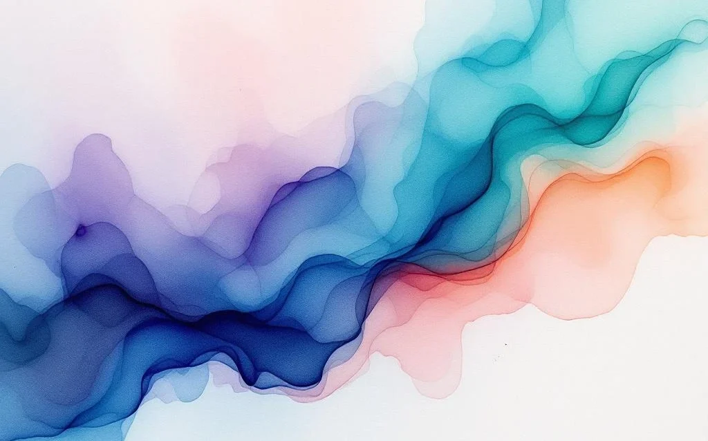 Abstract watercolor painting with flowing blue, purple, teal, and green gradients accented by warm amber and coral tones