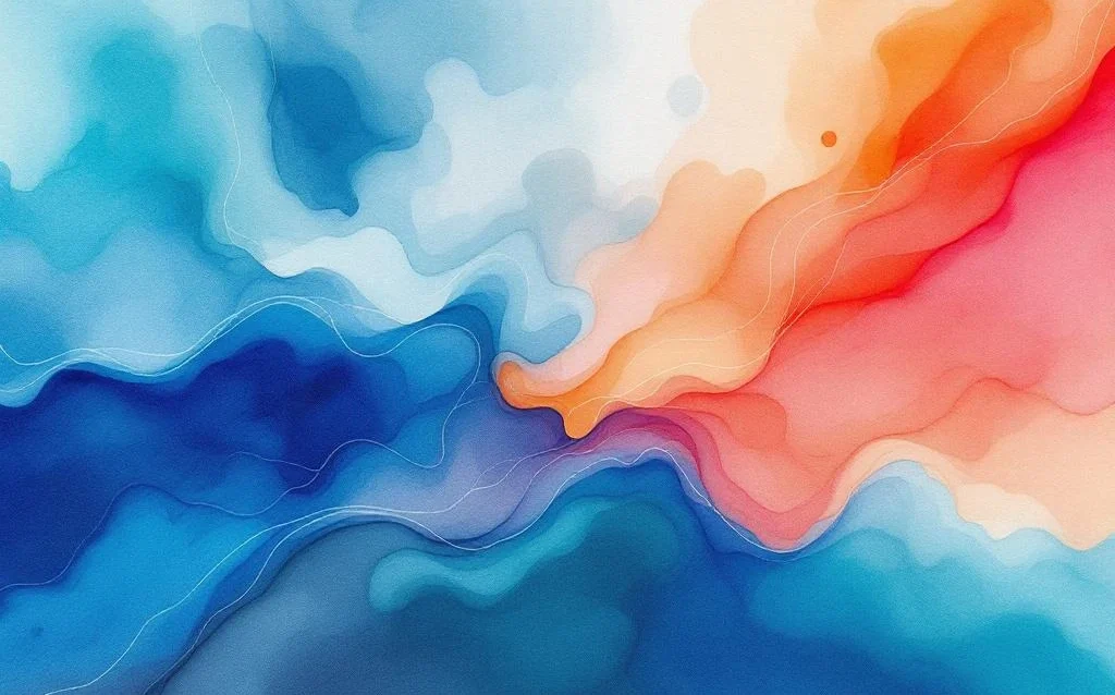 Abstract watercolor painting with flowing blue and teal gradients blending into warm amber and coral tones across canvas.