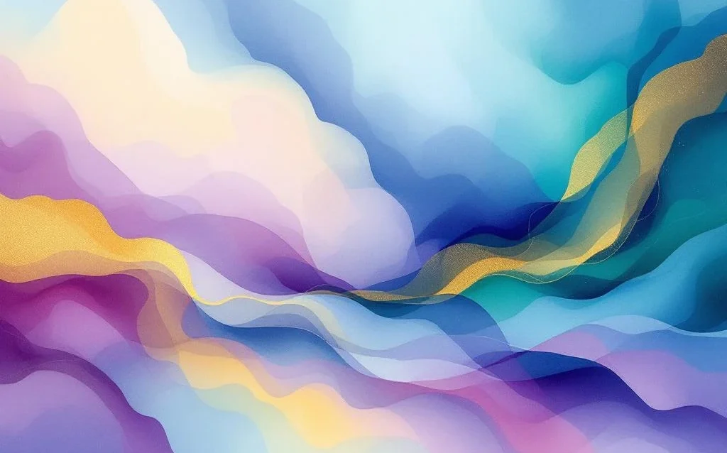 Abstract watercolor painting with flowing blue, teal, purple and magenta gradients blending with emerald green and golden yellow.