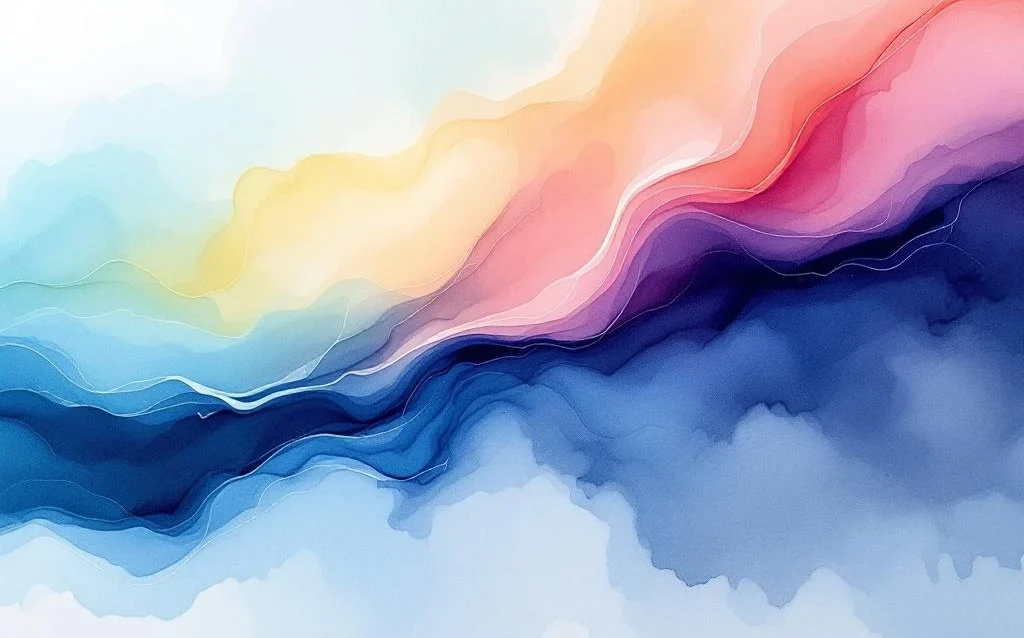Abstract watercolor painting with flowing blue to teal gradients, purple washes, and warm coral-yellow tones in organic waves