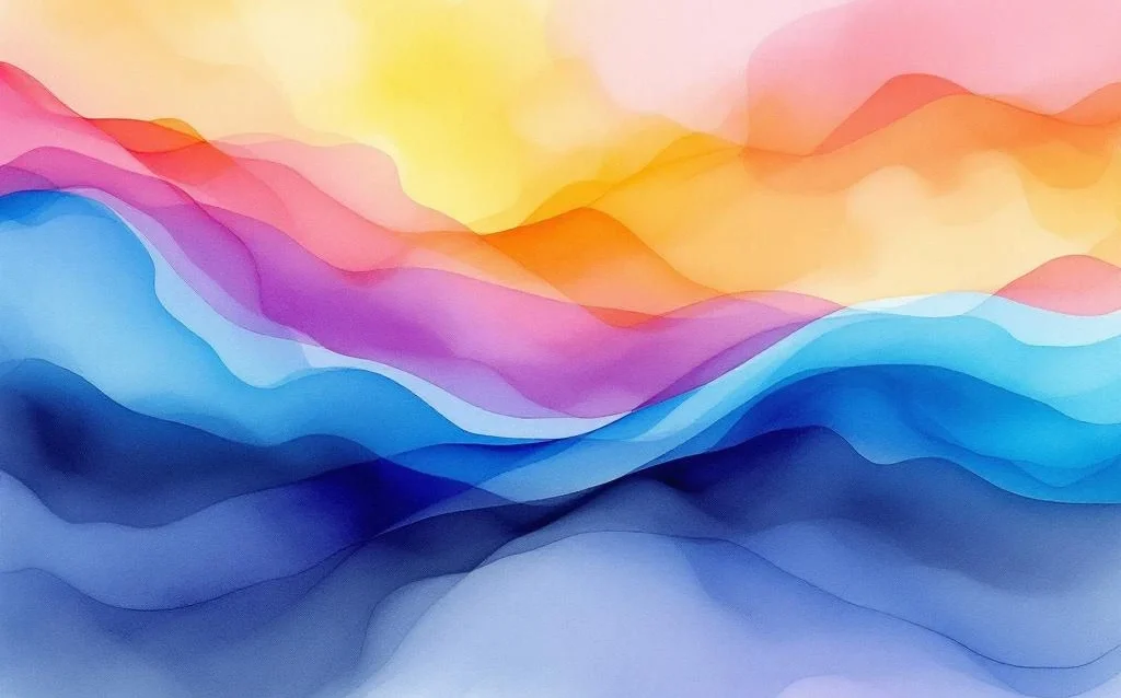 Abstract watercolor painting with flowing blue, teal, purple, yellow, and coral gradients blending organically across canvas.