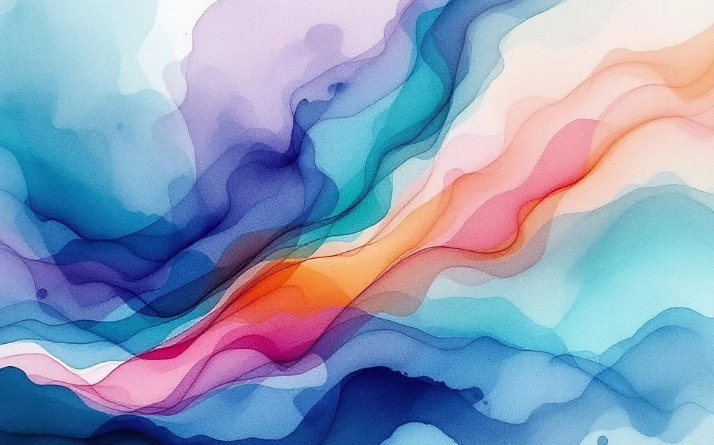 Abstract watercolor painting with flowing blue to teal gradients blending into purple, magenta, amber and coral tones