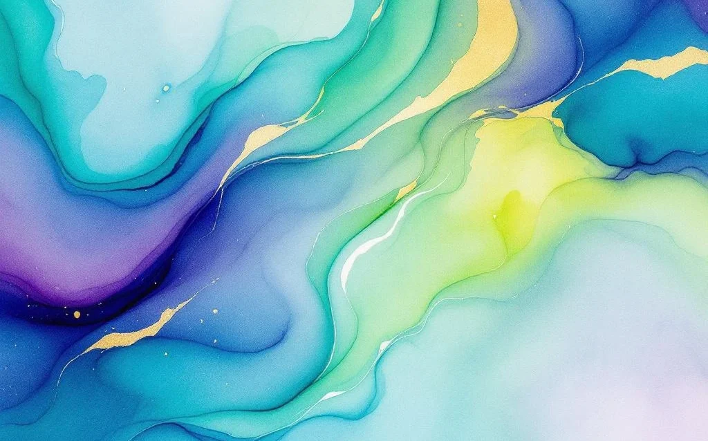 Abstract watercolor painting with flowing blue to teal gradients, purple accents, and golden yellow blends in organic composition