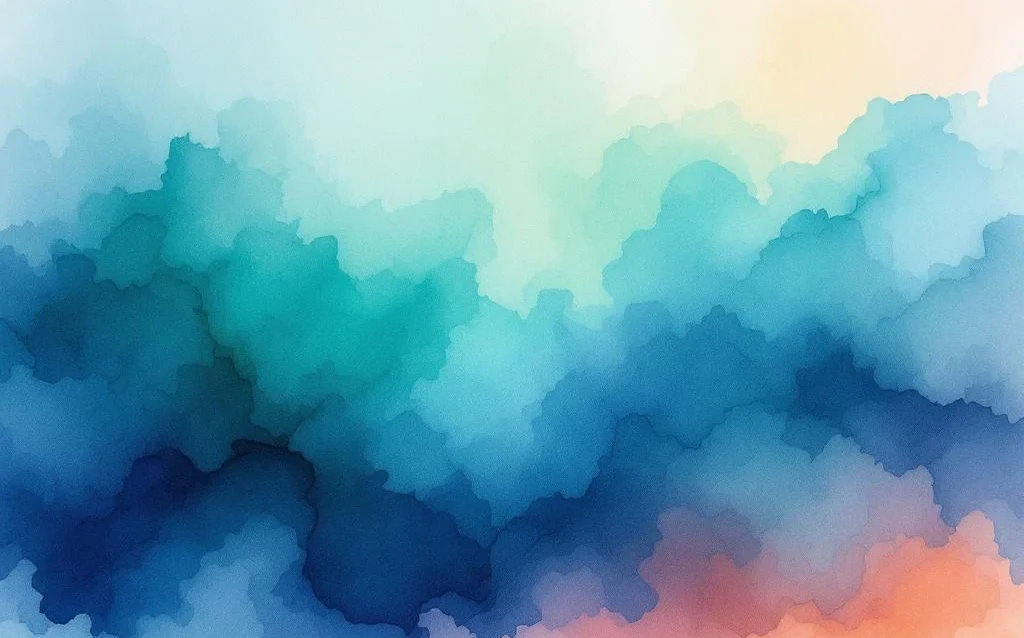 Abstract watercolor painting with flowing blues, teals, greens, amber and coral tones blending in soft organic gradients