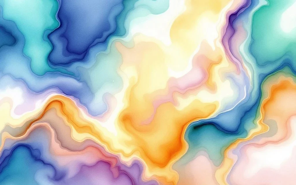 Abstract watercolor painting with flowing blue, teal, emerald green and golden yellow gradients in organic cloud formations