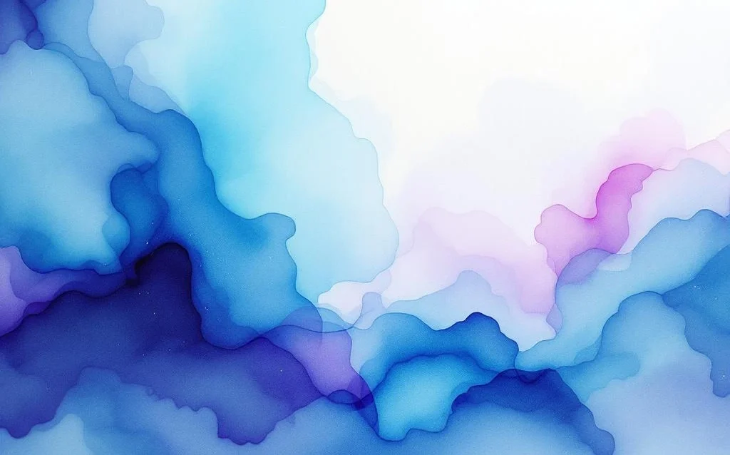Abstract watercolor painting with flowing blue, teal, and purple gradients blending in organic cloud-like formations