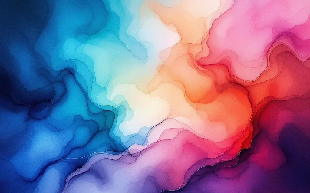 Abstract watercolor painting with flowing blues, teals, purples and coral creating aurora-like gradients and organic color blends