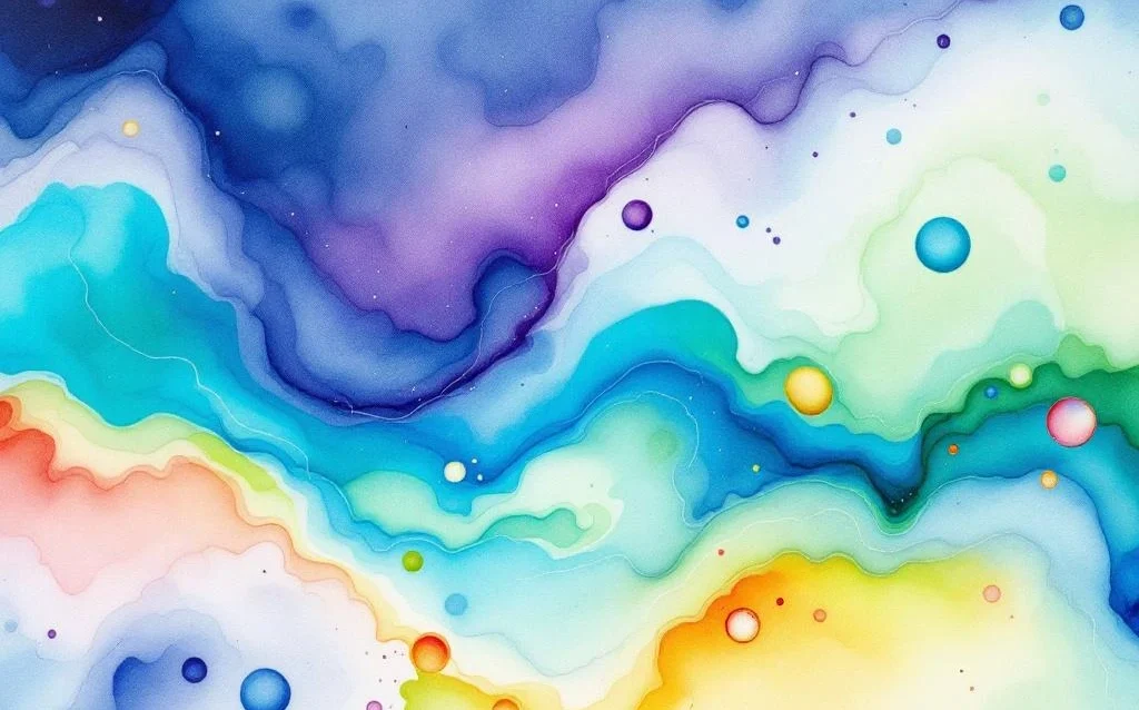 Abstract watercolor painting with flowing indigo, turquoise, and violet gradients accented by emerald green and coral tones