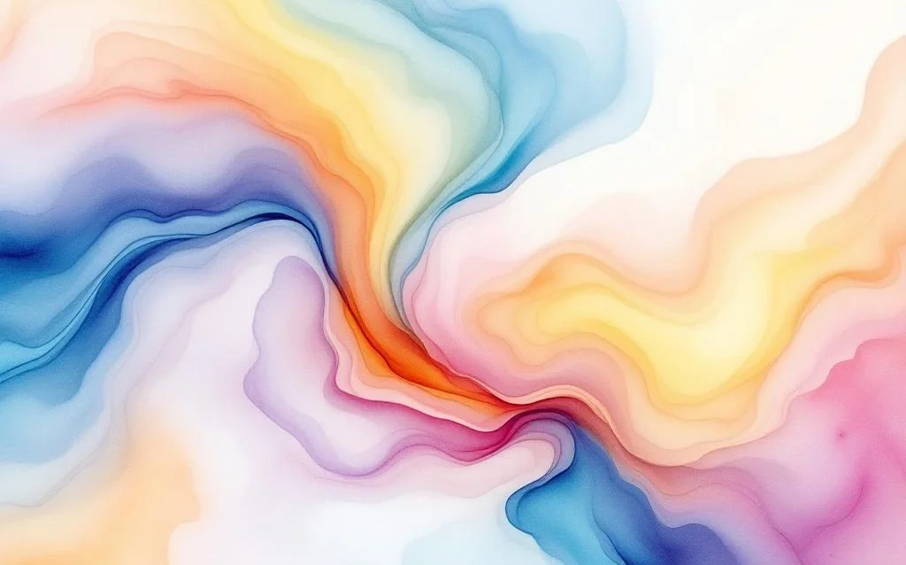 Abstract watercolor painting with flowing gradients from ocean blues to golden yellows, featuring soft purples and coral tones.