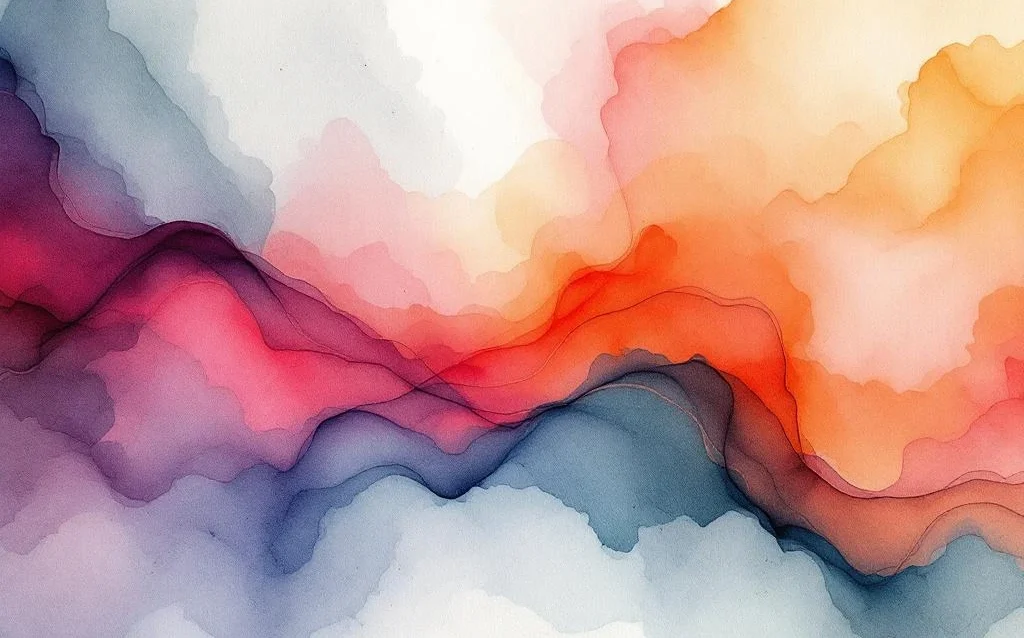 Abstract watercolor painting with flowing crimson red, amber orange, slate blue, and purple gradients blending organically.