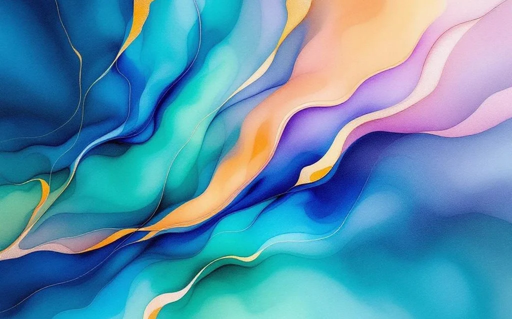 Abstract watercolor painting with flowing blues, teals, greens and amber tones suggesting digital networks and data streams.