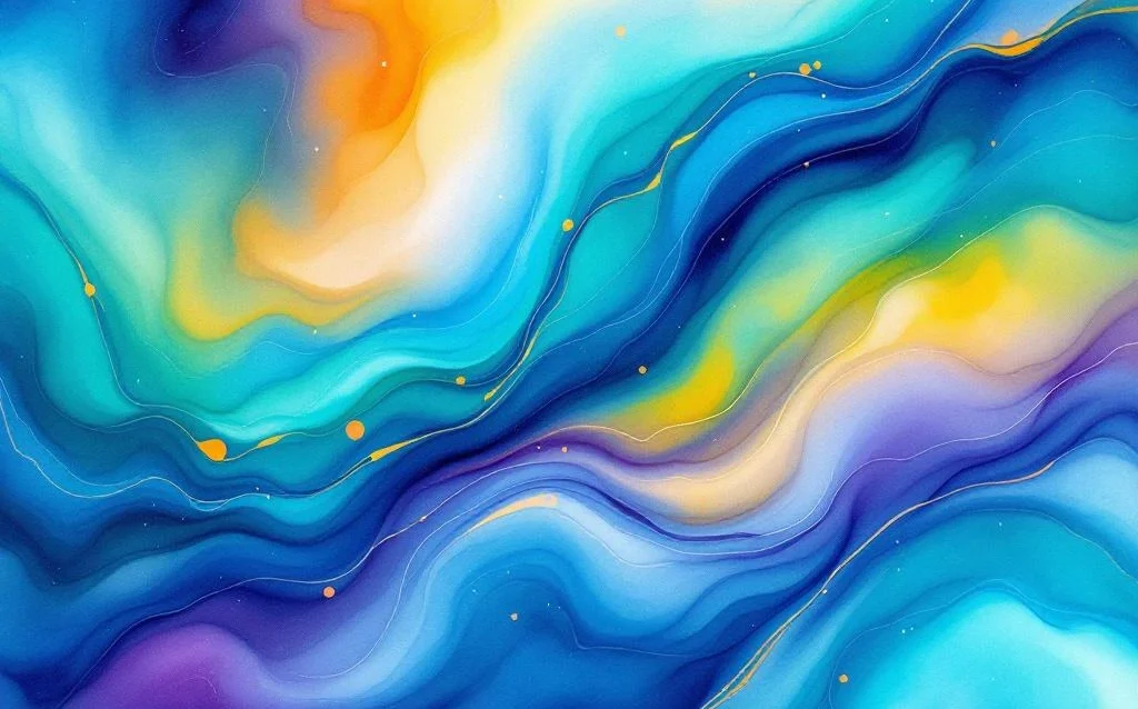 Abstract watercolor painting with flowing blues, teals, oranges and yellows representing digital connectivity and data streams.