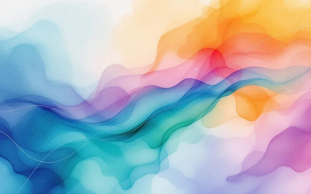 Abstract watercolor painting with blue and teal flowing into orange and yellow, representing digital connectivity