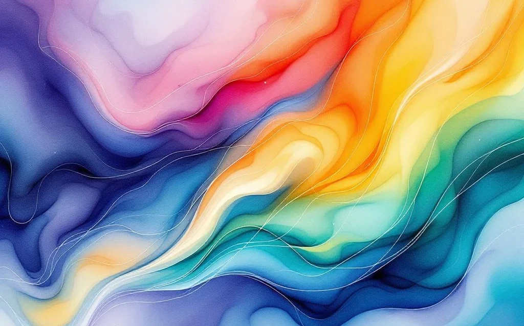 Abstract watercolor painting with flowing blue, teal, orange and yellow colors representing digital connectivity and data streams.