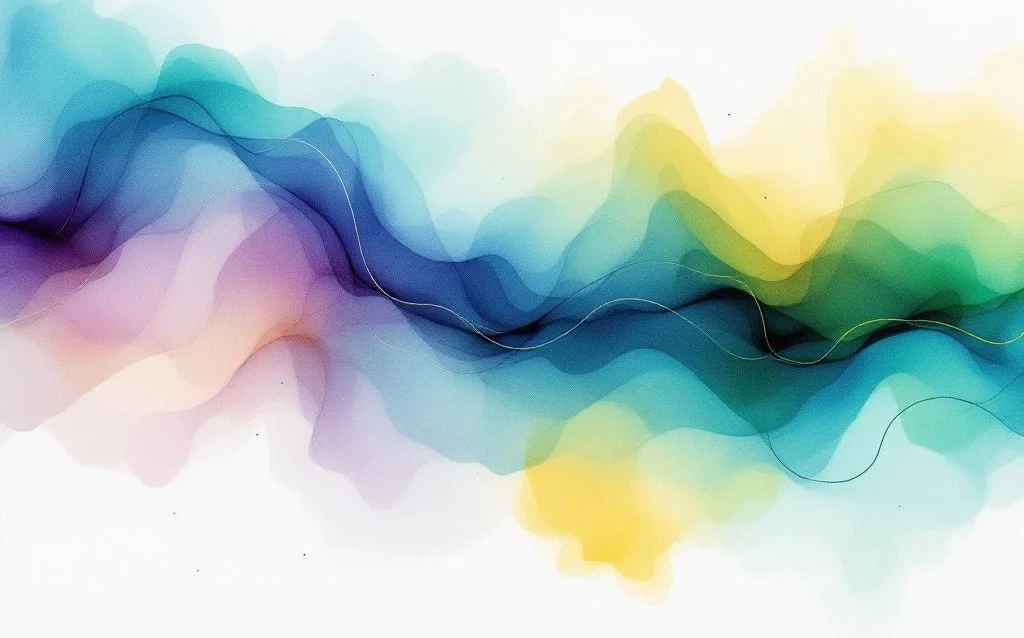 Abstract watercolor painting with flowing blue, teal, and green gradients blending into amber and yellow with digital flow theme