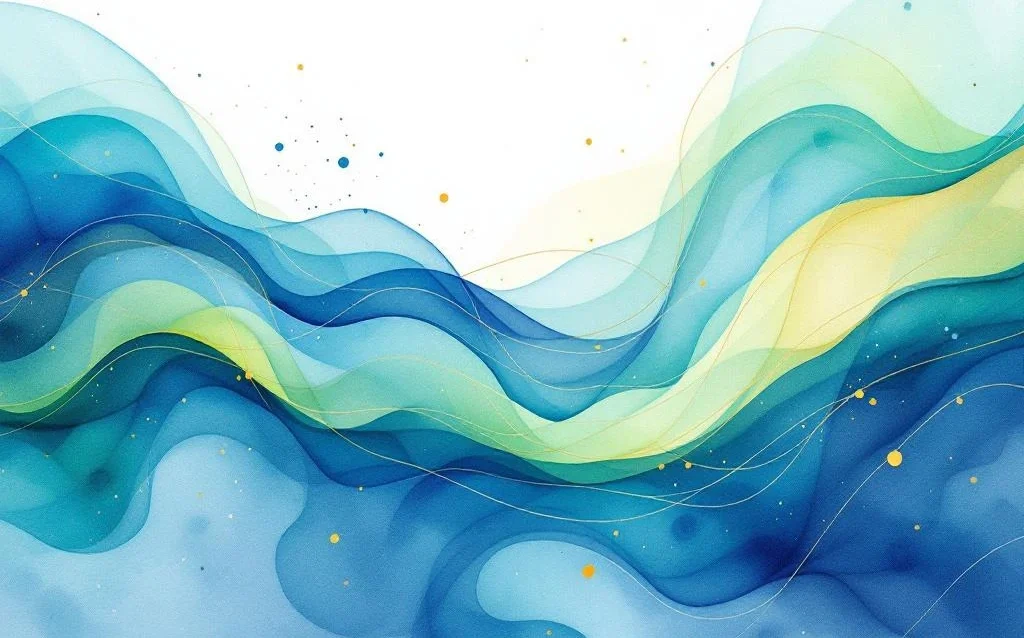 Abstract watercolor painting with flowing blue, teal, and emerald gradients blending with golden yellow and orange accents.
