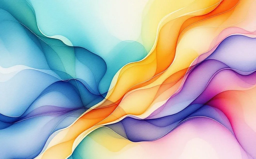 Abstract watercolor painting with flowing blue and teal colors transitioning to vibrant orange and yellow gradients