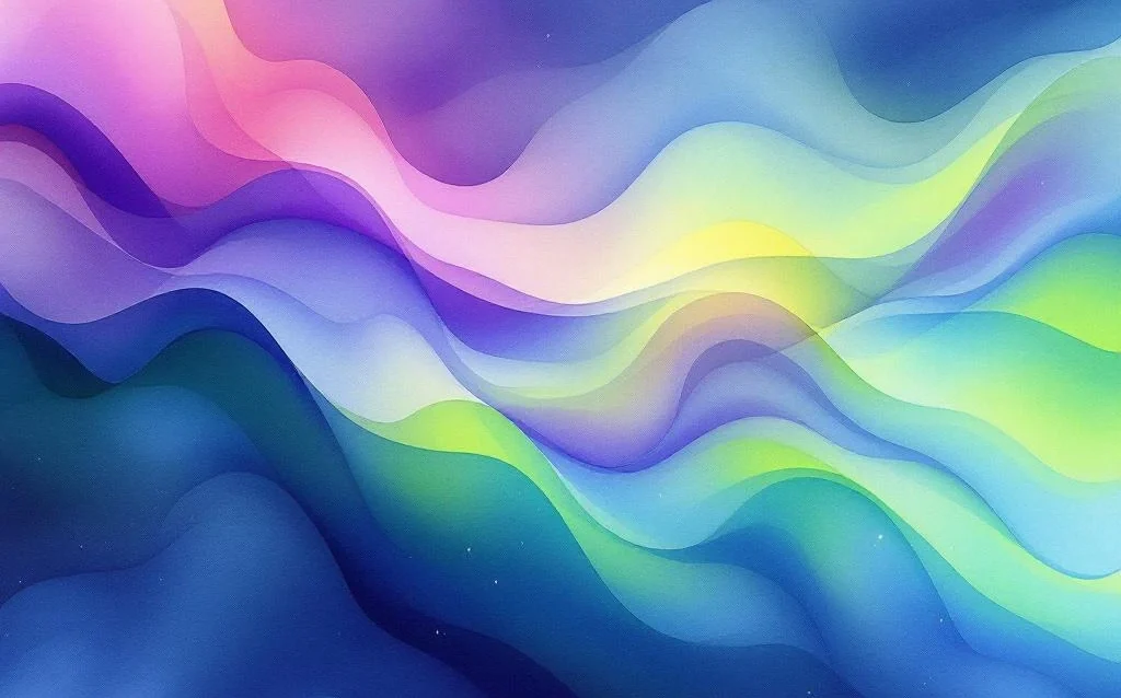 Abstract watercolor painting with flowing blue to green gradients, purple accents, and silver highlights in diagonal composition