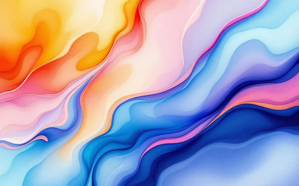 Abstract watercolor painting with flowing blue, purple, orange and yellow gradients blending seamlessly with pink and teal accents.