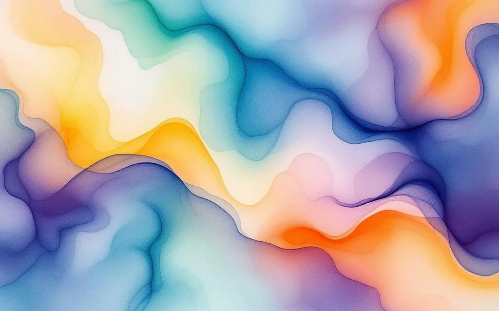 Abstract watercolor painting with flowing blues, teals, oranges, and yellows blending into organic gradients and soft transitions.