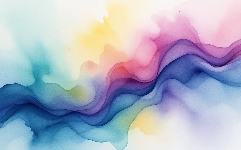 Abstract watercolor painting with flowing gradients of ocean blue, electric purple, emerald green, and golden yellow.