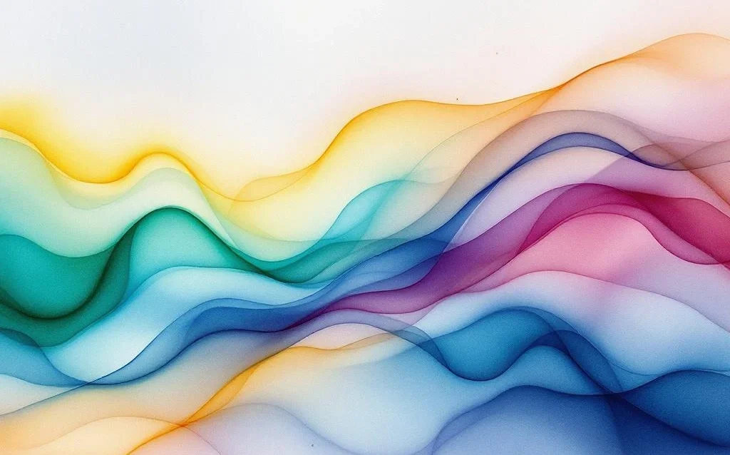 Abstract watercolor painting with flowing gradients of blues, teals, amber, and golden yellows in organic wave patterns.