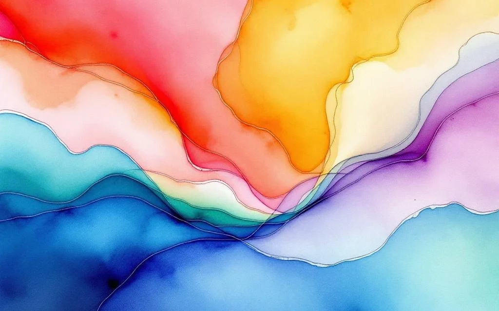 Abstract watercolor painting with flowing gradients of navy blue, teal, orange, purple, and yellow blending organically.