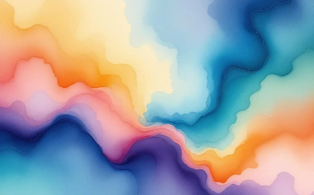 Abstract watercolor painting with flowing blues, teals, amber, and golden yellows blending into purple and cyan washes.