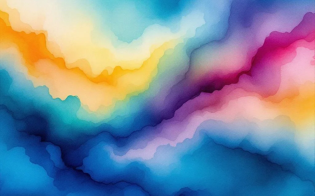 Abstract watercolor painting with flowing gradients of indigo, emerald, amber, burgundy and coral creating organic liquid effects.