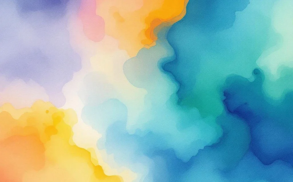 Abstract watercolor painting with flowing blues, teals, oranges, and yellows blending into purple and green gradients.