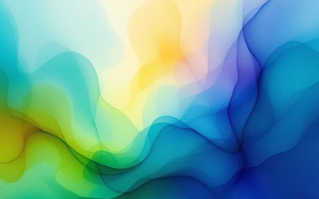 Abstract watercolor painting with flowing blue, green, amber and violet hues blending in organic gradients and translucent layers.