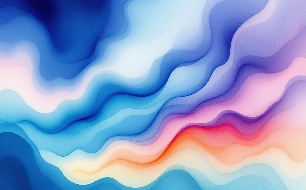 Abstract watercolor painting with flowing gradients from deep ocean blues to teals, coral, amber, purple and lavender tones.