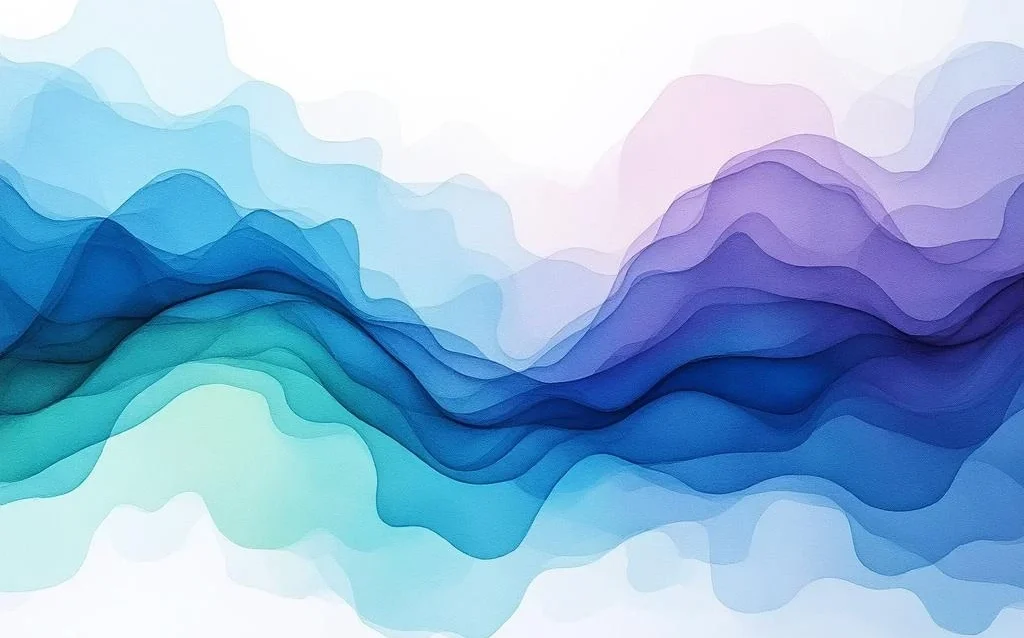 "Abstract watercolor art with flowing blue, teal, and purple gradients creating organic cloud-like forms on white background"