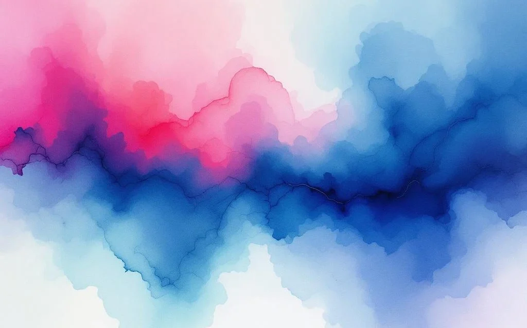 Abstract watercolor painting with flowing indigo, blue, magenta, and coral washes blending into soft ethereal gradients