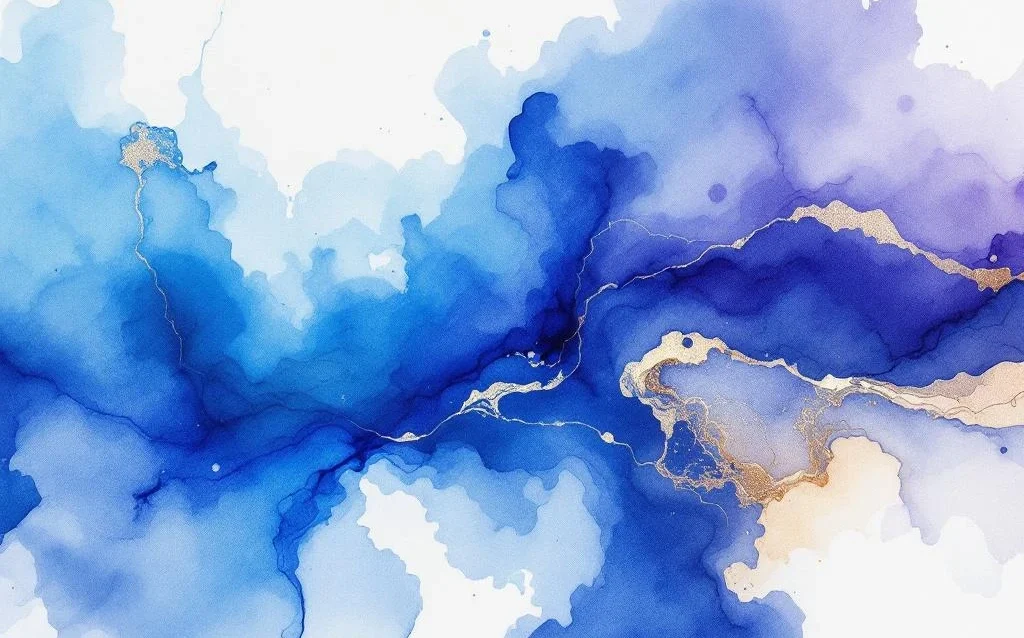 Abstract watercolor painting with indigo blue flowing into electric cyan with violet and white gradients on white background