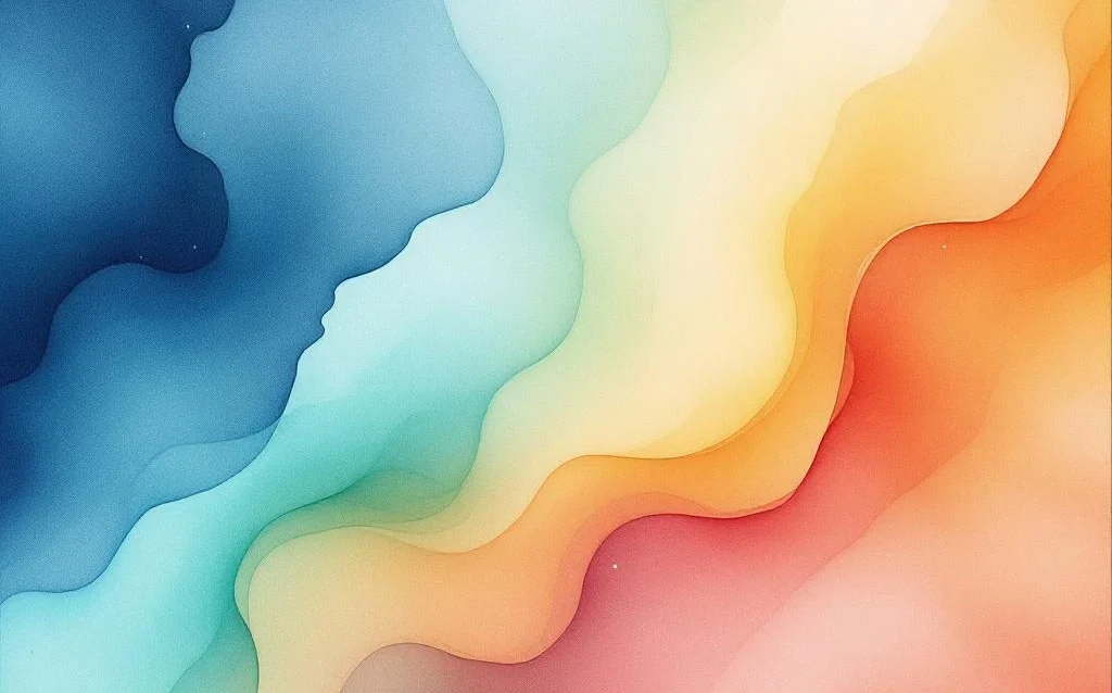 Abstract watercolor painting with indigo, turquoise, sage green, amber and coral tones blending in organic diagonal gradients