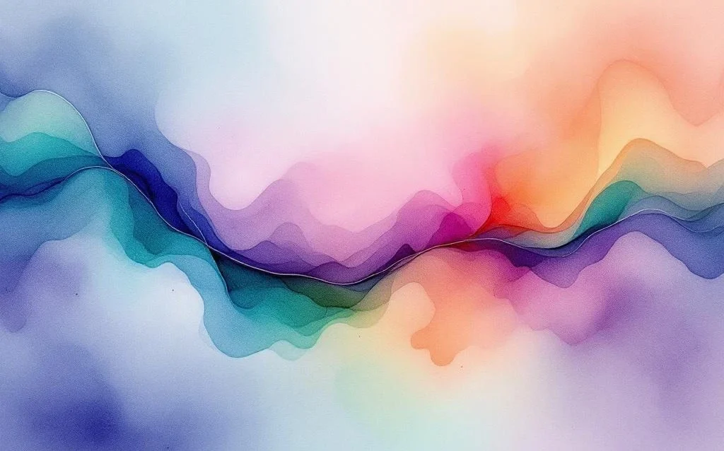 Abstract watercolor painting with flowing gradients of indigo, violet, amber, coral, emerald, and rose pink blending organically.