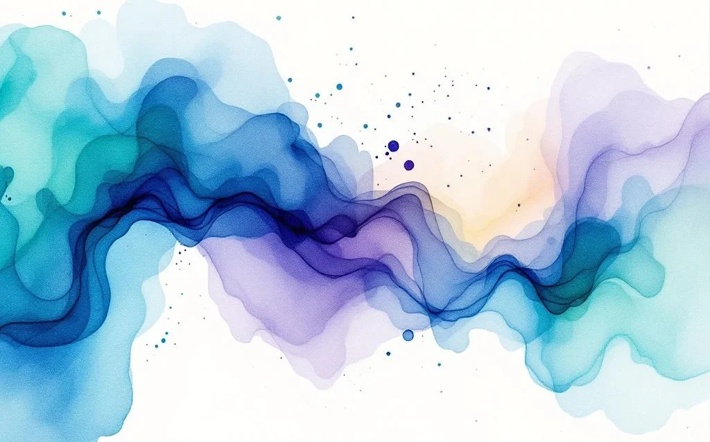 Abstract watercolor painting with flowing blues, purples, teals, and greens blending from dark edges to luminous center