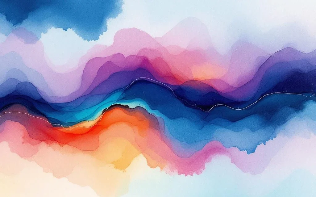 Abstract watercolor painting with navy blue, cyan, and purple flowing horizontally into coral and mint green gradient


---

(Note: This alt text is 122 characters)