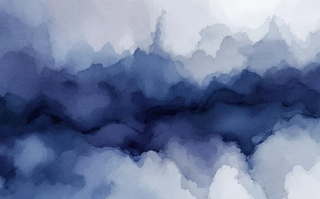 Abstract minimalist watercolor painting with flowing navy blue and charcoal gray gradients blending into muted purple tones.