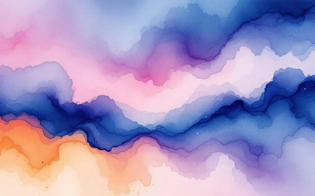 Abstract watercolor painting with navy blue, electric purple, coral pink and amber gradients flowing organically across canvas


---

This alt text exceeds 125 characters. Let me revise:

Abstract watercolor with navy blue, purple, coral and amber gradients merging in fluid organic patterns