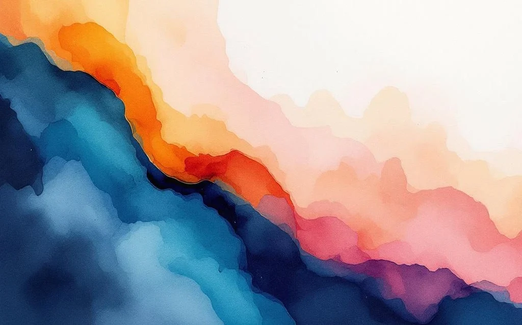 Abstract watercolor painting with flowing navy blue and teal gradients blending into warm amber and coral tones diagonally.
