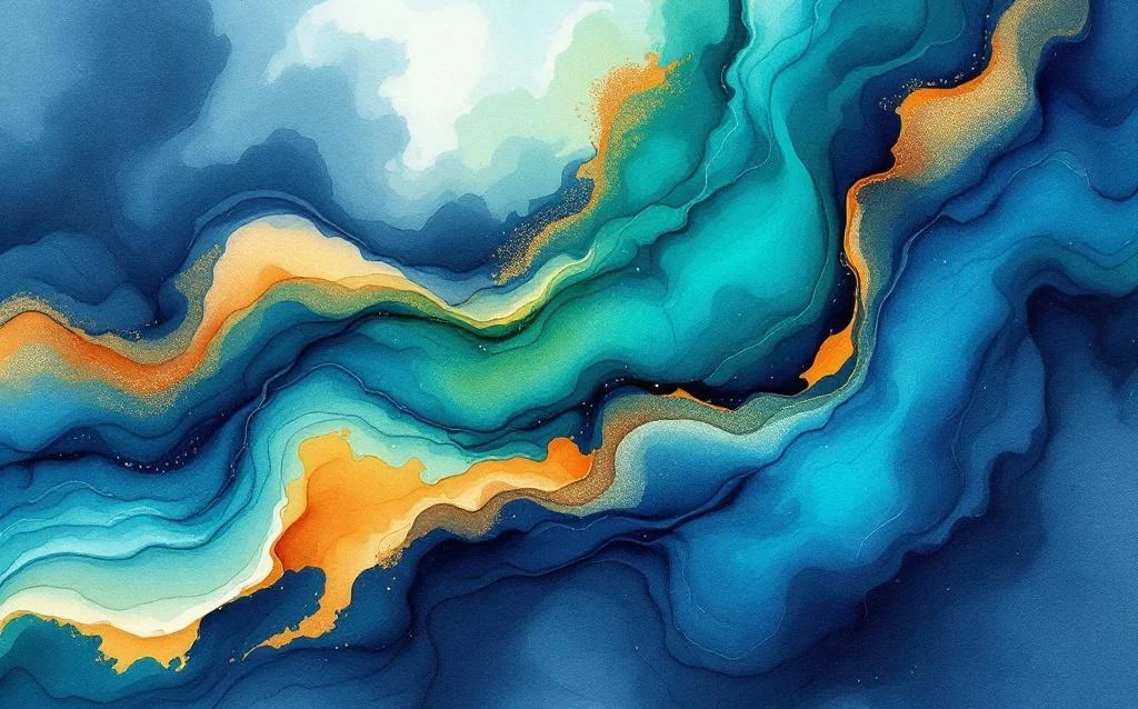 Abstract watercolor painting with flowing navy blue, teal, and green colors blending into warm orange and yellow accents
