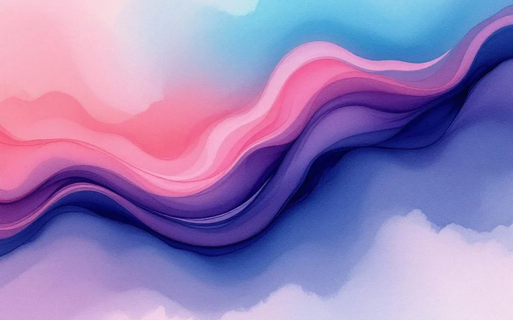 Abstract watercolor painting with flowing navy blue to teal gradients, soft purple and coral accents in organic formations