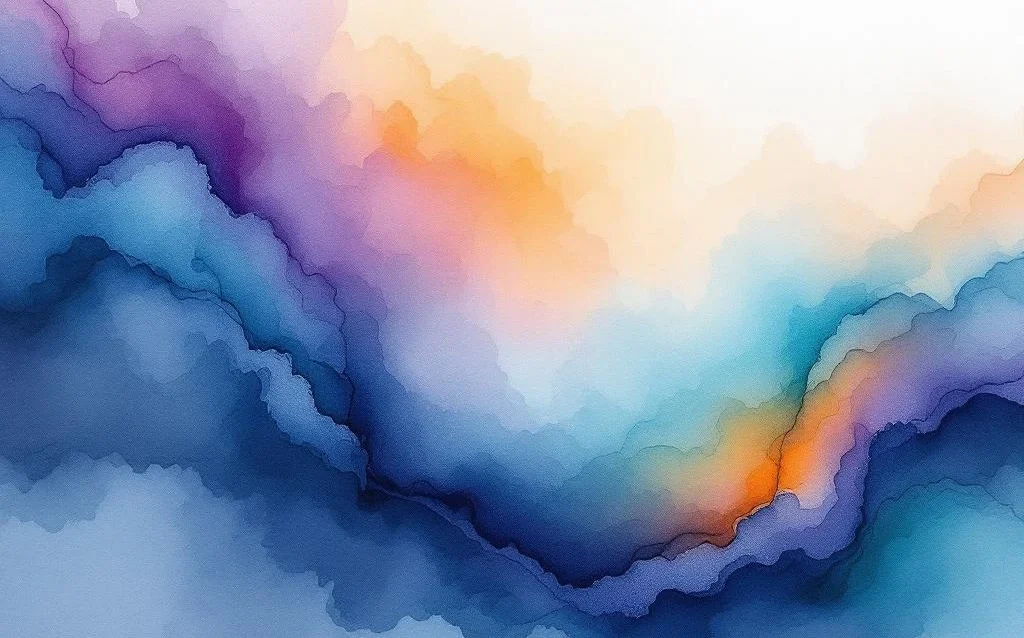 Abstract watercolor painting with flowing navy blue, teal, purple and orange gradients in diagonal composition