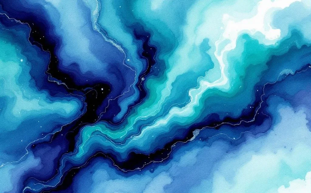 Abstract watercolor painting with flowing navy blue, electric teal, and emerald green gradients with silver highlights.